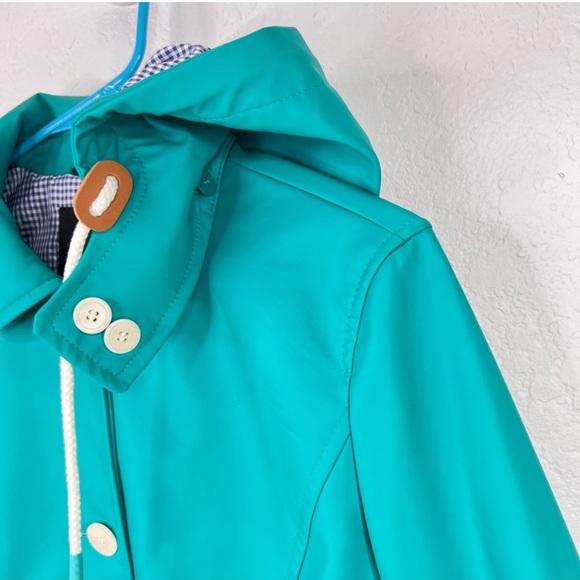 Talbots Classic Raincoat Green/Blue & White Gingham Button Up Hooded Jacket AA - Picture 6 of 11